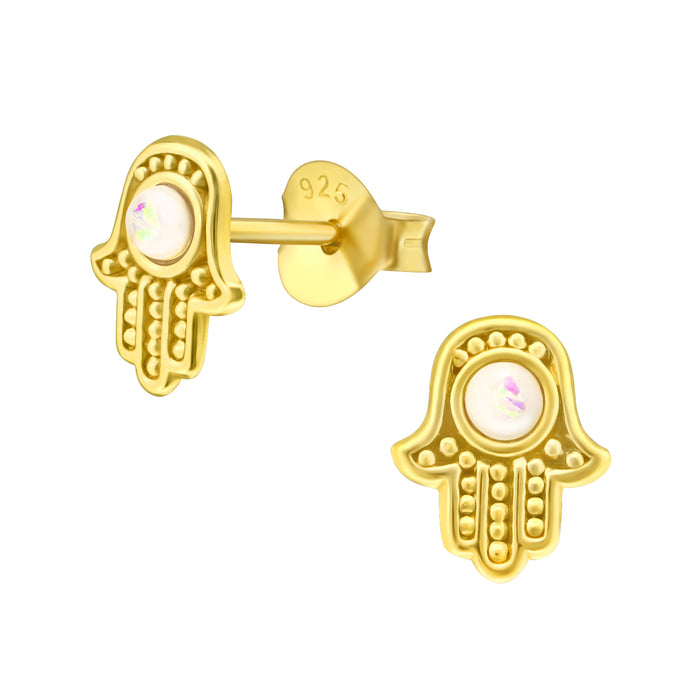 Joy|S - Zilveren hamsa oorbellen - 6 x 8 mm - opaal - goudplating