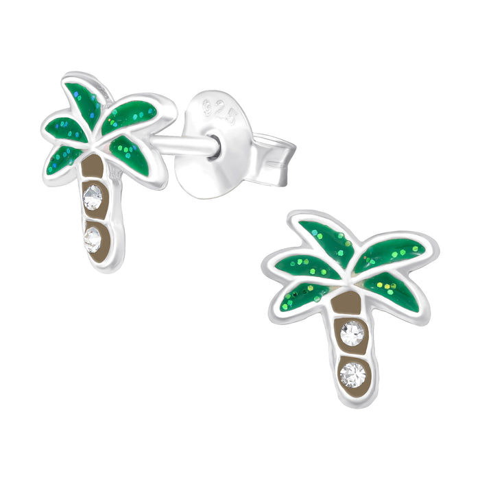 Joy|S - Zilveren palmboom oorbellen - glitter met kristalletjes - 7 x 9 mm