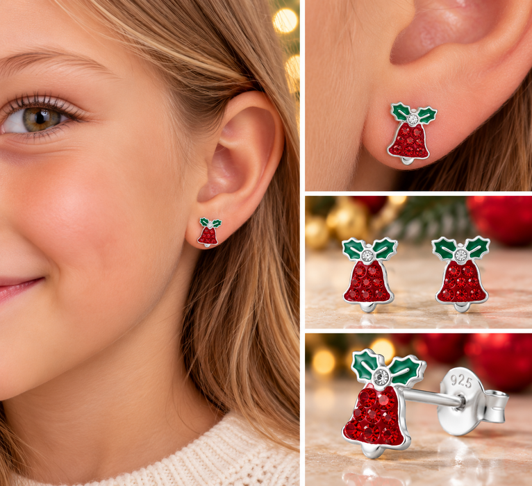 Joy|S - Zilveren kerst oorbellen - kerstklokje - rood met groen - kristal - 6 x 8 mm - klokje kinderoorbellen
