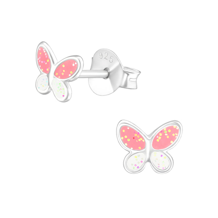 Joy|S - Zilveren vlinder oorbellen - roze wit met glittertjes - 6 x 5 mm - kinderoorbellen