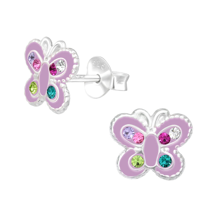 Joy|S - Zilveren vlinder oorbellen - 9 x 8 mm - paars met kristalletjes