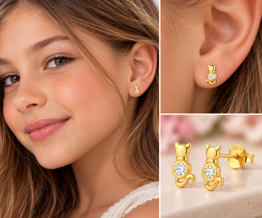 Joy|S - Zilveren kat poes oorbellen - 5 x 9 mm - zirkonia - oorknoppen - goudplating
