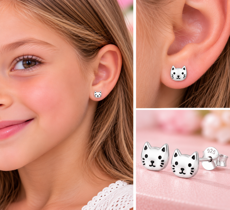 Joy|S - Zilveren kat poes oorbellen - zilver - 7 x 7 mm