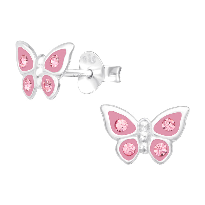 Joy|S - Zilveren vlinder oorbellen - 9 x 6 mm - zilver roze met roze kristal