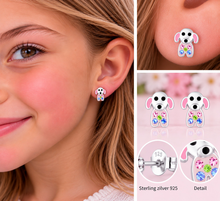 Joy|S - Zilveren hond oorbellen - zilver met roze oortjes en zacht roze buikje met kristalletjes - 7 x 9 mm - kinderoorbellen