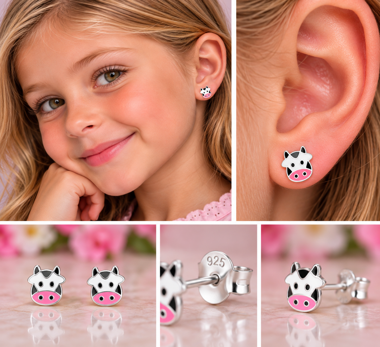 Joy|S - Zilveren koe oorbellen - 7 x 8 mm - zwart wit met roze snuit - sterling zilver 925 - kinderoorbellen