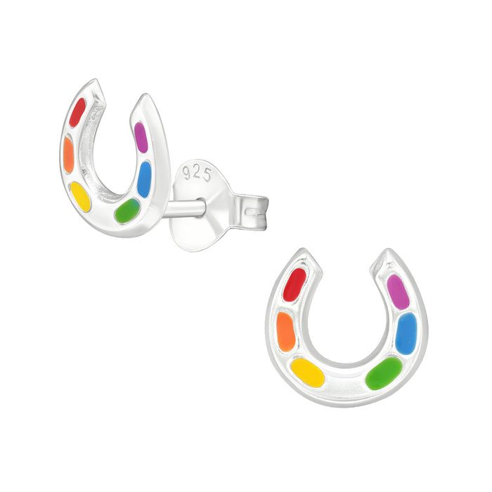 Joy|S - Zilveren hoefijzer oorbellen - zilver met kleurtjes - 7 mm - kinderoorbellen