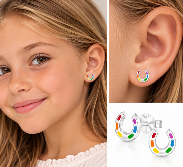Joy|S - Zilveren hoefijzer oorbellen - zilver met kleurtjes - 7 mm - kinderoorbellen