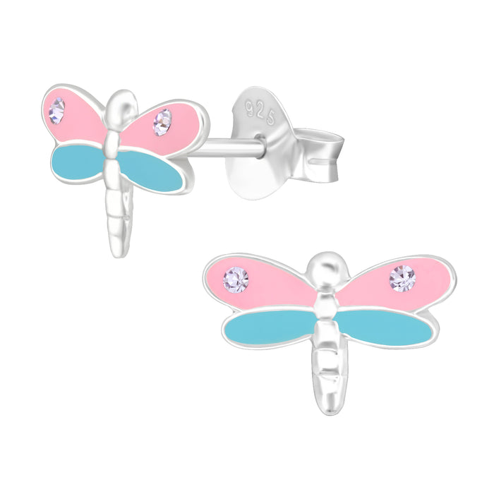 Joy|S - Zilveren libelle oorbellen - 10 x 6 mm - roze blauw met kristal
