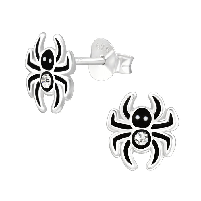 Joy|S - Zilveren spin oorbellen - zwart - 8 mm met kristal - halloween
