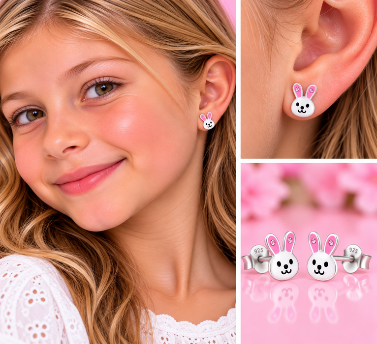 Joy|S - Zilveren konijn oorbellen - 7 x 8 mm - zilver roze met kristal - sterling zilver 925 - kinderoorbellen