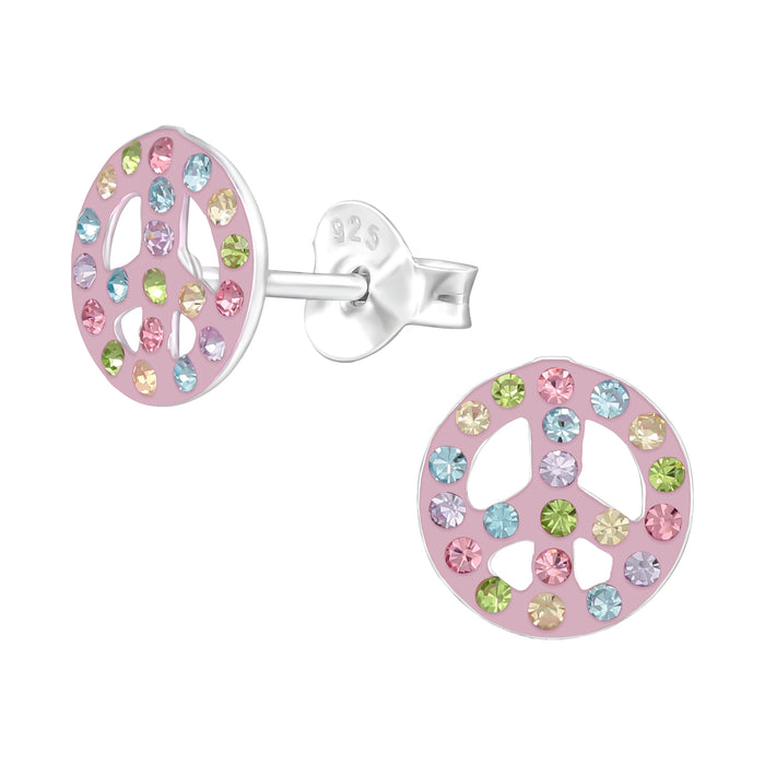 Joy|S - Zilveren peace oorbellen - roze met kristal multicolor - 8 mm