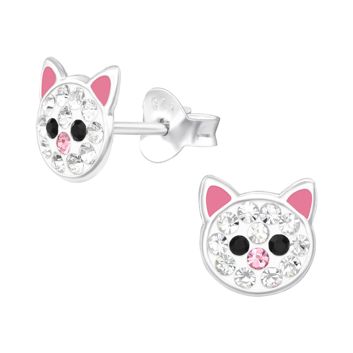 Joy|S - Zilveren kat oorbellen - 7 mm - wit roze poes oorknoppen met kristal