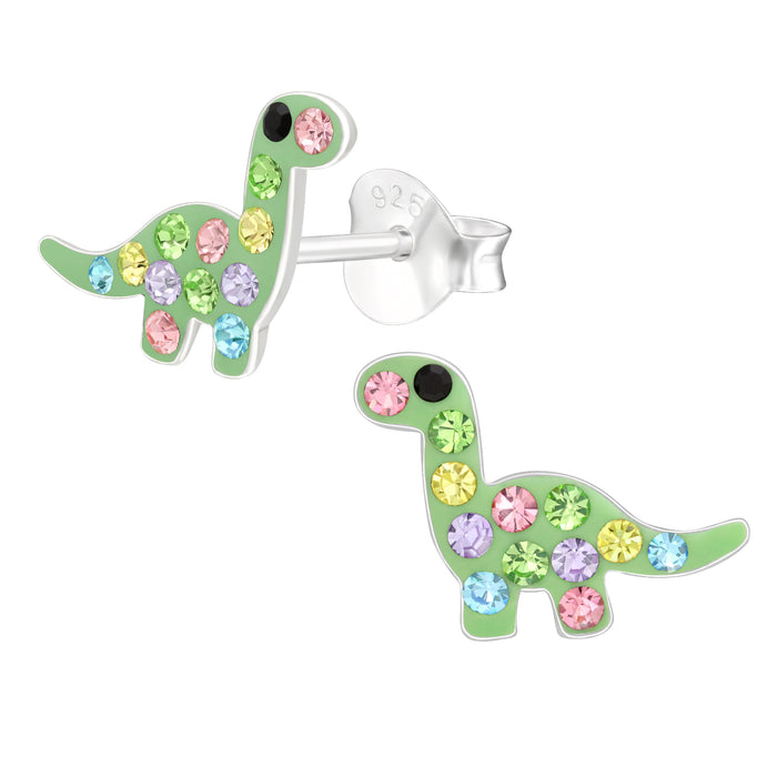 Joy|S - Zilveren dino oorbellen - groen met kristal multicolor - 10 x 8 mm - dinosaurus