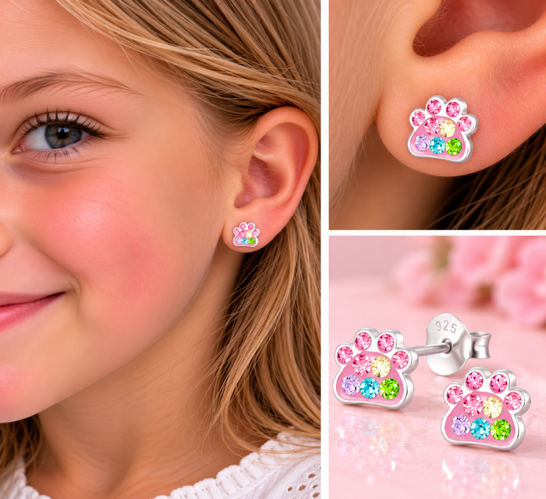 Joy|S - Zilveren kat hond dierenpoot oorbellen - roze met kristal multicolor - 7 x 5 mm - poot afdruk