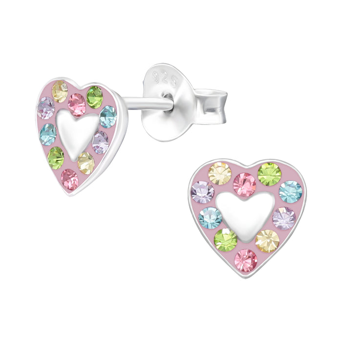 Joy|S - Zilveren hartje oorbellen - roze met kristal multicolor - 6 mm