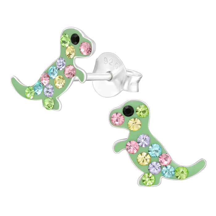 Joy|S - Zilveren dino oorbellen - groen met multicolor kristal - 6 x 9 mm - dinosaurus