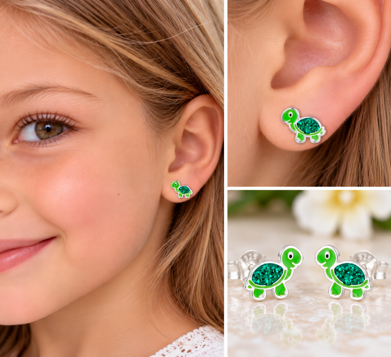 Joy|S - Zilveren baby schildpad oorbellen - 10 x 7 mm - groen met kristal - kinderoorbellen