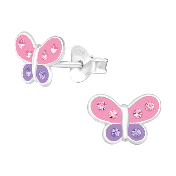 Joy|S - Zilveren vlinder oorbellen - 9 x 6 mm - zilver roze paars - kristal - kinderoorbellen