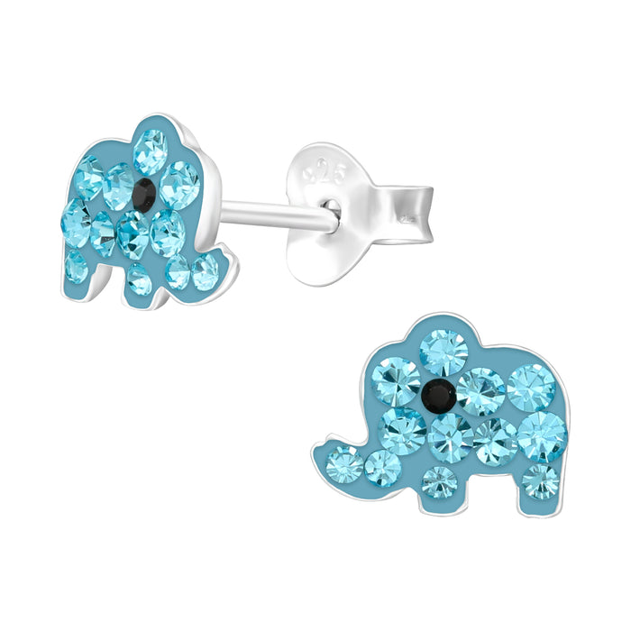 Joy|S - Zilveren olifant oorbellen - blauw met blauw kristal - 8 x 6 mm - kinderoorbellen