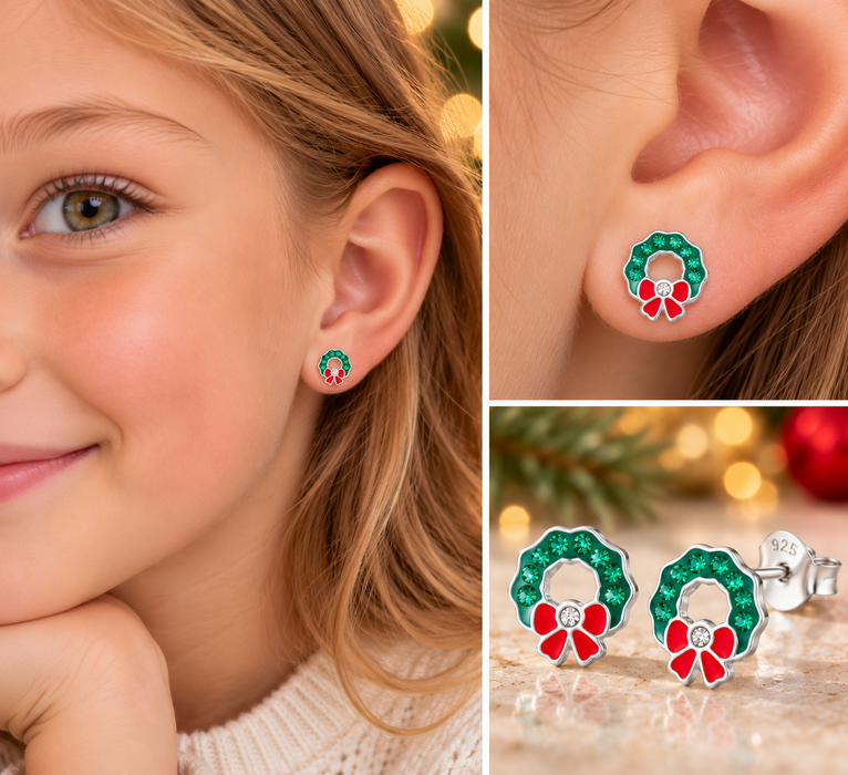 Joy|S - Zilveren kerst oorbellen - kerstkrans - 7 x 8 mm - groen met rood - kristal - krans kinderoorbellen