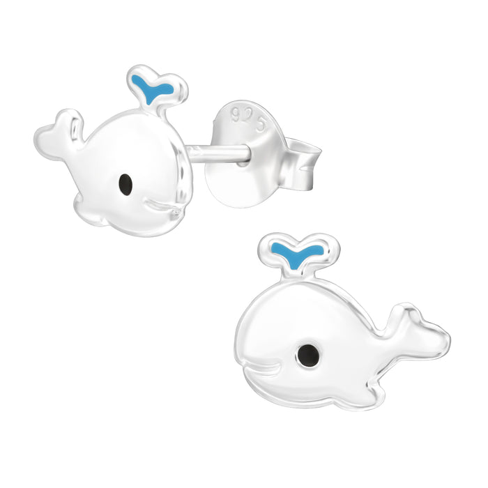 Joy|S - Zilveren walvis oorbellen - 9 x 7 mm - zilver met blauw - kinderoorbellen