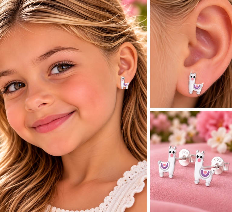 Joy|S - Zilveren alpaca lama oorbellen - zilver met roze en paars - 6 x 10 mm - kinderoorbellen