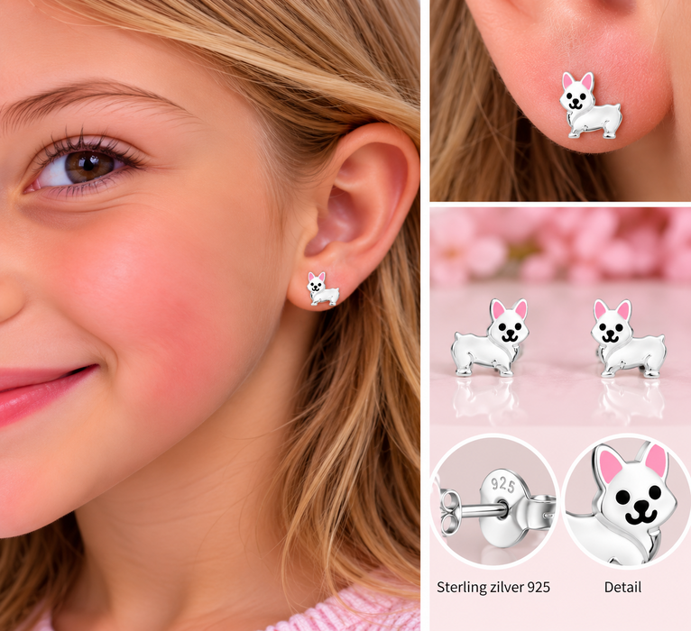 Joy|S - Zilveren hond oorbellen - 7 x 8 mm - zilver met roze - kinderoorbellen - sterling zilver 925 - hondje oorknoppen
