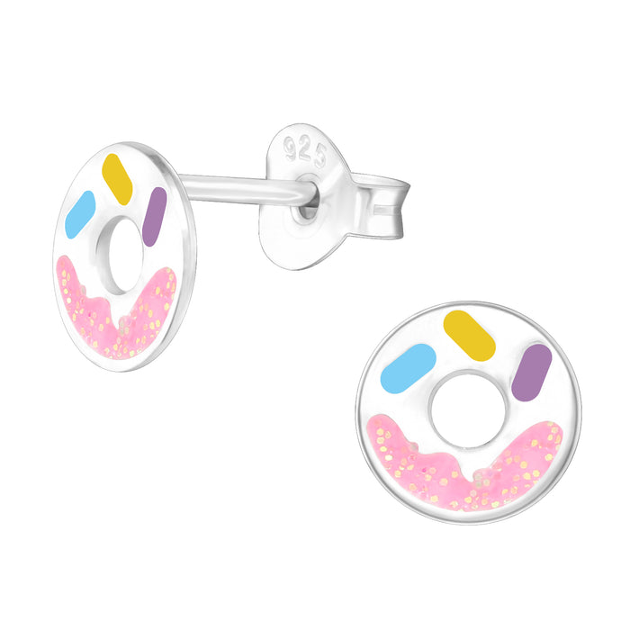 Joy|S - Zilveren donut oorbellen - 7 mm - zilver met glitter roze en kleurtjes - kinderoorbellen