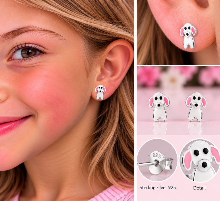 Joy|S - Zilveren hond oorbellen - zilver met roze oortjes - 7 x 9 mm - kinderoorbellen