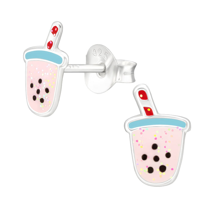 Joy|S - Zilveren milkshake oorbellen - beker met rietje - 6 mm - roze met glitter