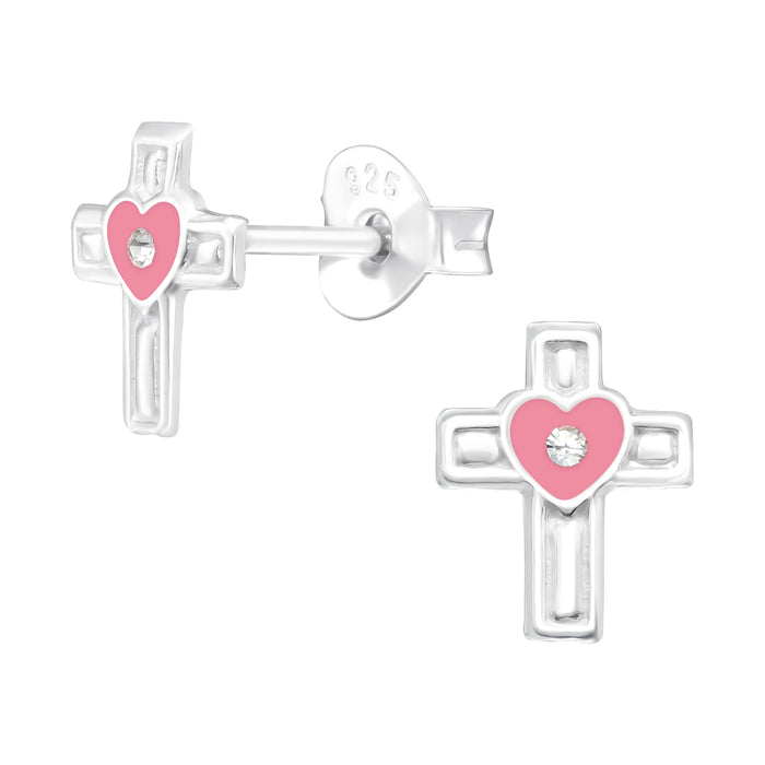 Joy|S - Zilveren kruisje oorbellen met roze hartje - 6 x 8 mm - kristal - kinderoorbellen
