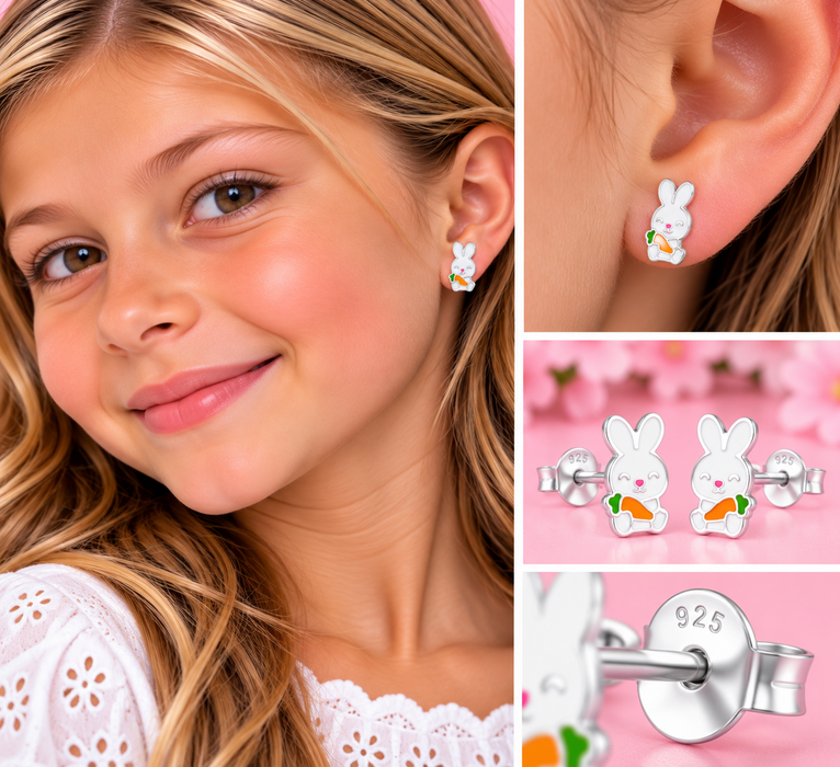 Joy|S - Zilveren konijn met wortel oorbellen - 6 x 10 mm - kinderoorbellen