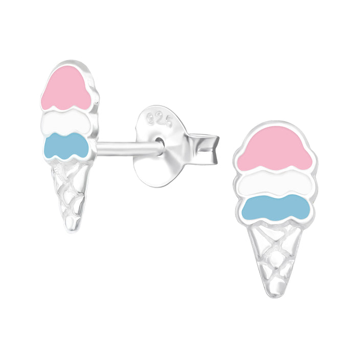 Joy|S - Zilveren ijsje oorbellen - 5 x 10 mm - zilver met pastel roze wit blauw - kinderoorbellen