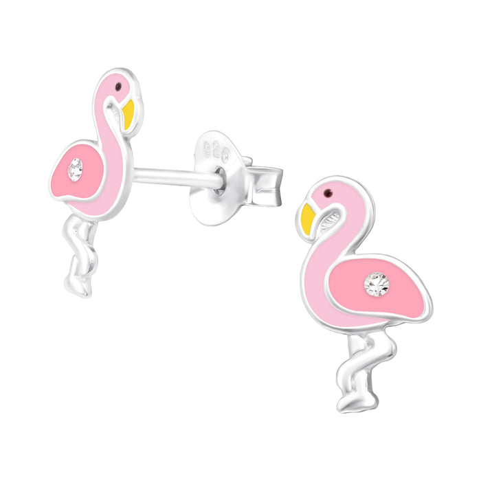 Joy|S - Zilveren Flamingo oorbellen - 6 x 11 mm - zilver roze met kristal - kinderoorbellen
