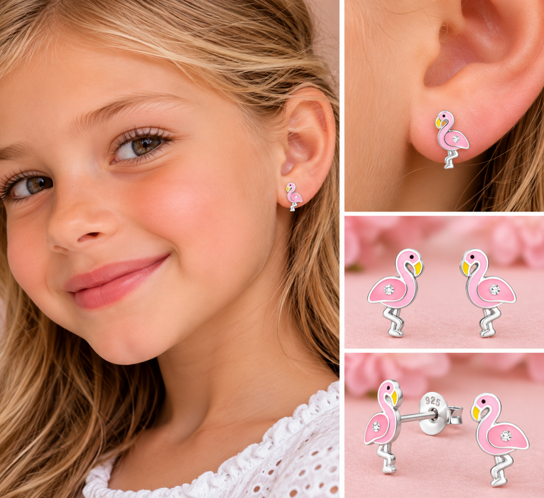 Joy|S - Zilveren Flamingo oorbellen - 6 x 11 mm - zilver roze met kristal - kinderoorbellen - roze flamingo oorknoppen - sterling zilver 925