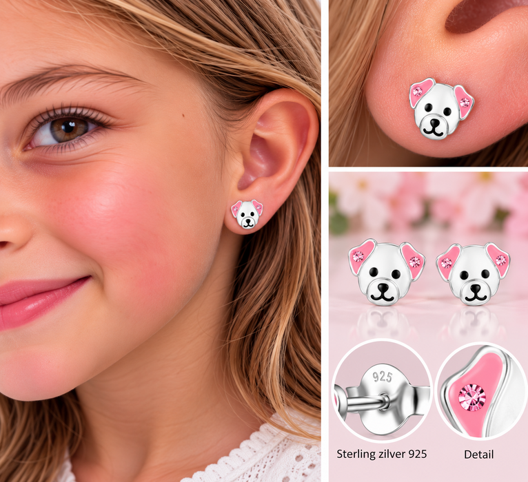 Joy|S - Zilveren hond oorbellen - zilver met roze oortjes met kristal - 9 x 7 mm - kinderoorbellen