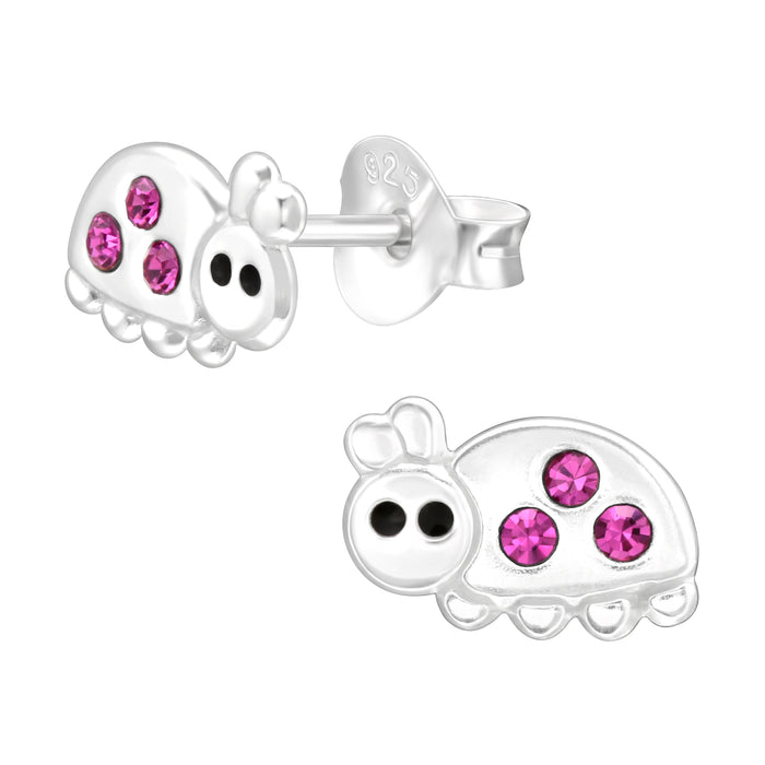Joy|S - Zilveren lieveheersbeestje oorbellen - 8 x 5 mm - zilver met magenta roze kristal - kinderoorbellen