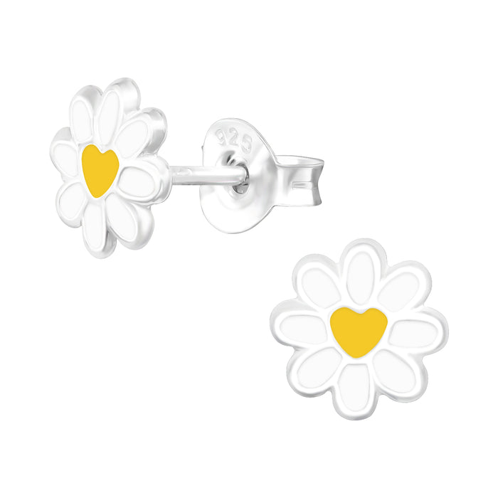 Joy|S - Zilveren madeliefje oorbellen - 7 mm - bloem met hartje - wit geel - kinderoorbellen