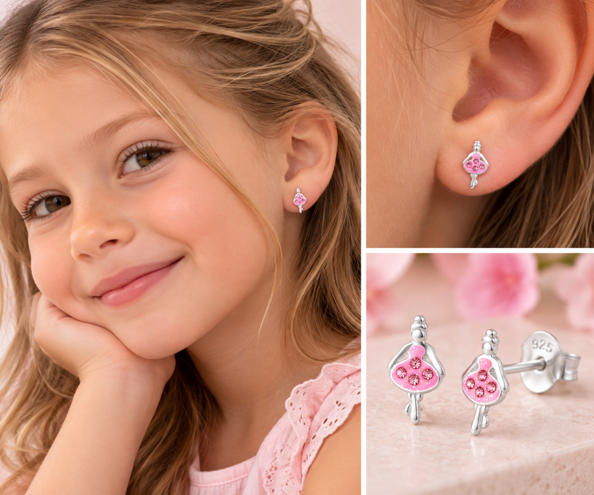 Joy|S - Zilveren ballerina danseres oorbellen - zilver roze met glittertjes en roze kristalletjes - 6 x 11 mm - kinderoorbellen