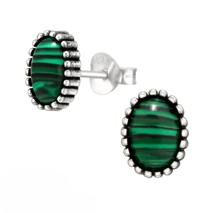 Joy|S - Zilveren ovaal oorbellen - groen malachiet - 6.5 x 8.5 mm - ovale oorknoppen