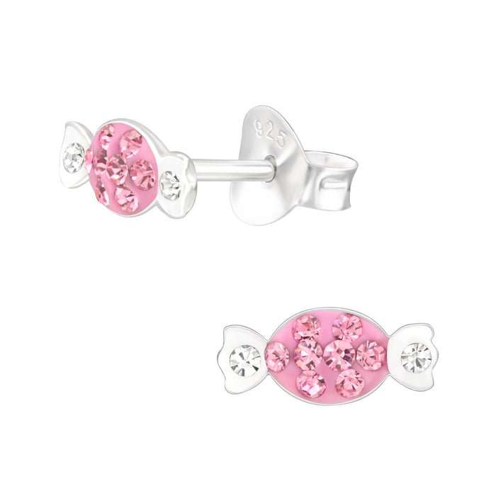 Joy|S - Zilveren snoep oorbellen - 8 x 4 mm - zilver roze met roze kristal - snoepje kinderoorbellen