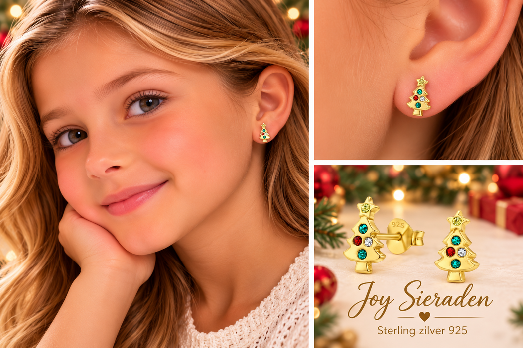 Joy|S - Zilveren kerstboom oorbellen - 6 x 10 mm - goudplating met kristalletjes - kerst oorknoppen - kinderoorbellen
