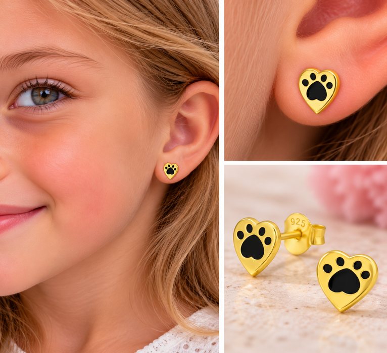 Joy|S - Zilveren kat hond dierenpoot hartje oorbellen - 8 x 7 mm - hartje oorknoppen - poot afdruk - gold plated / goudplating