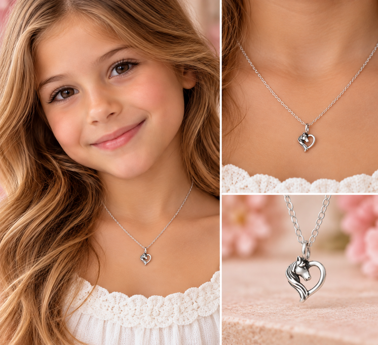 Joy|S - Zilveren hartje hanger - paard - inclusief ketting 39 cm (extra oogje op 36 cm) - geoxideerd - kinderketting