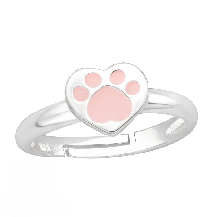 Joy|S - Zilveren hartje ring verstelbaar - kat hond dierenpoot - zilver roze - poot afdruk - voor kinderen