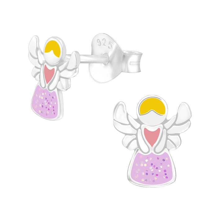 Joy|S - Zilveren engel oorbellen - 6 x 8 mm - zilver paars met glitter - kinderoorbellen
