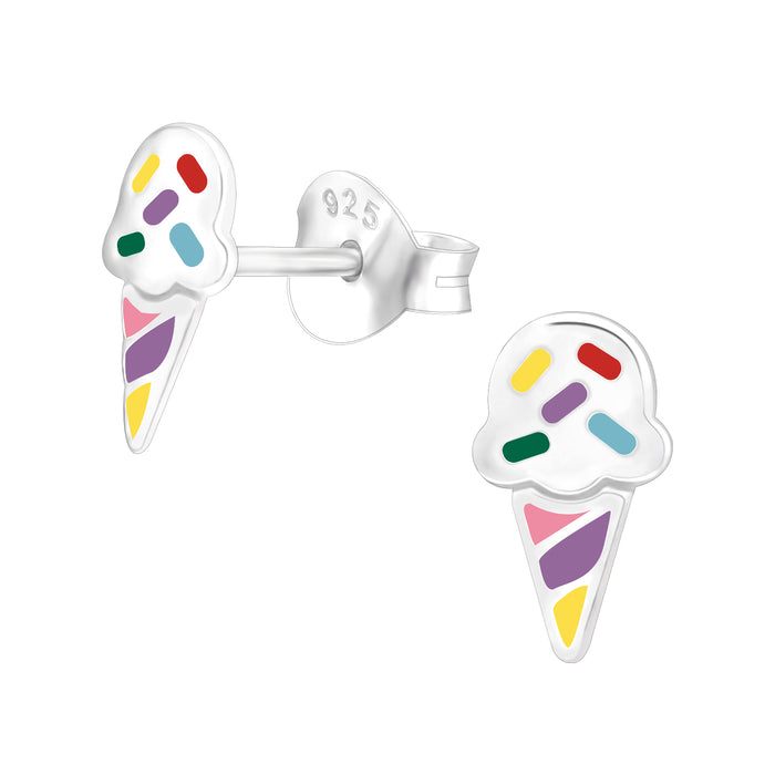 Joy|S - Zilveren ijsje oorbellen - 5 x 8 mm - zilver ijsje met gekleurde spikkeltjes - kinderoorbellen