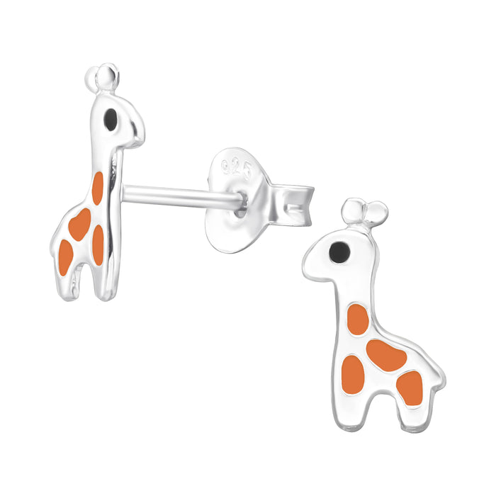 Joy|S - Zilveren giraf oorbellen - 5 x 10 mm - zilver oranje - giraffe kinderoorbellen