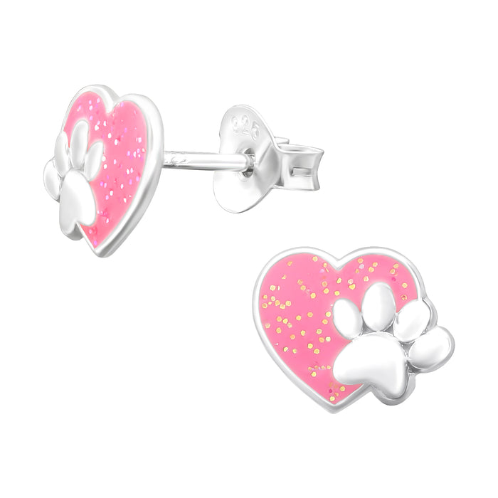 Joy|S - Zilveren hartje oorbellen - glitter roze kat hond dierenpoot - 9 x 7.5 mm - poot afdruk - kinderoorbellen